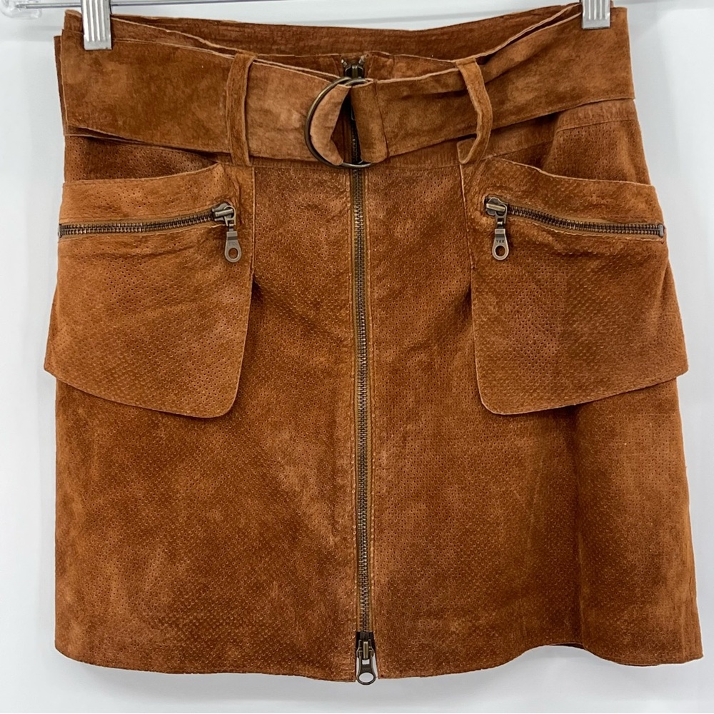 Suede midi skirt zip belted 4P‎
